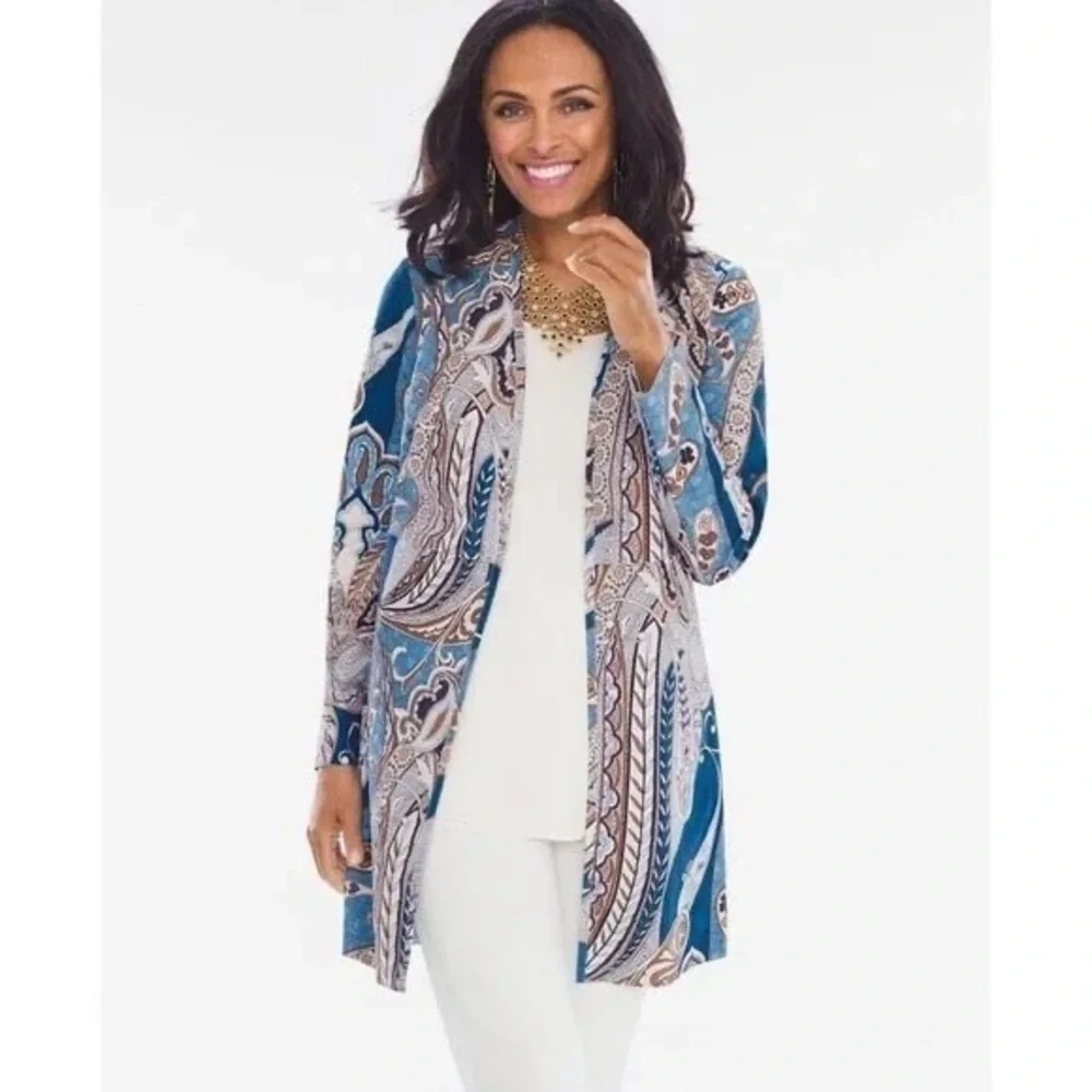 Chico’s Paisley Jacket Coat Topper Faux Suede NWT Chicos Size 0 = XS Blue